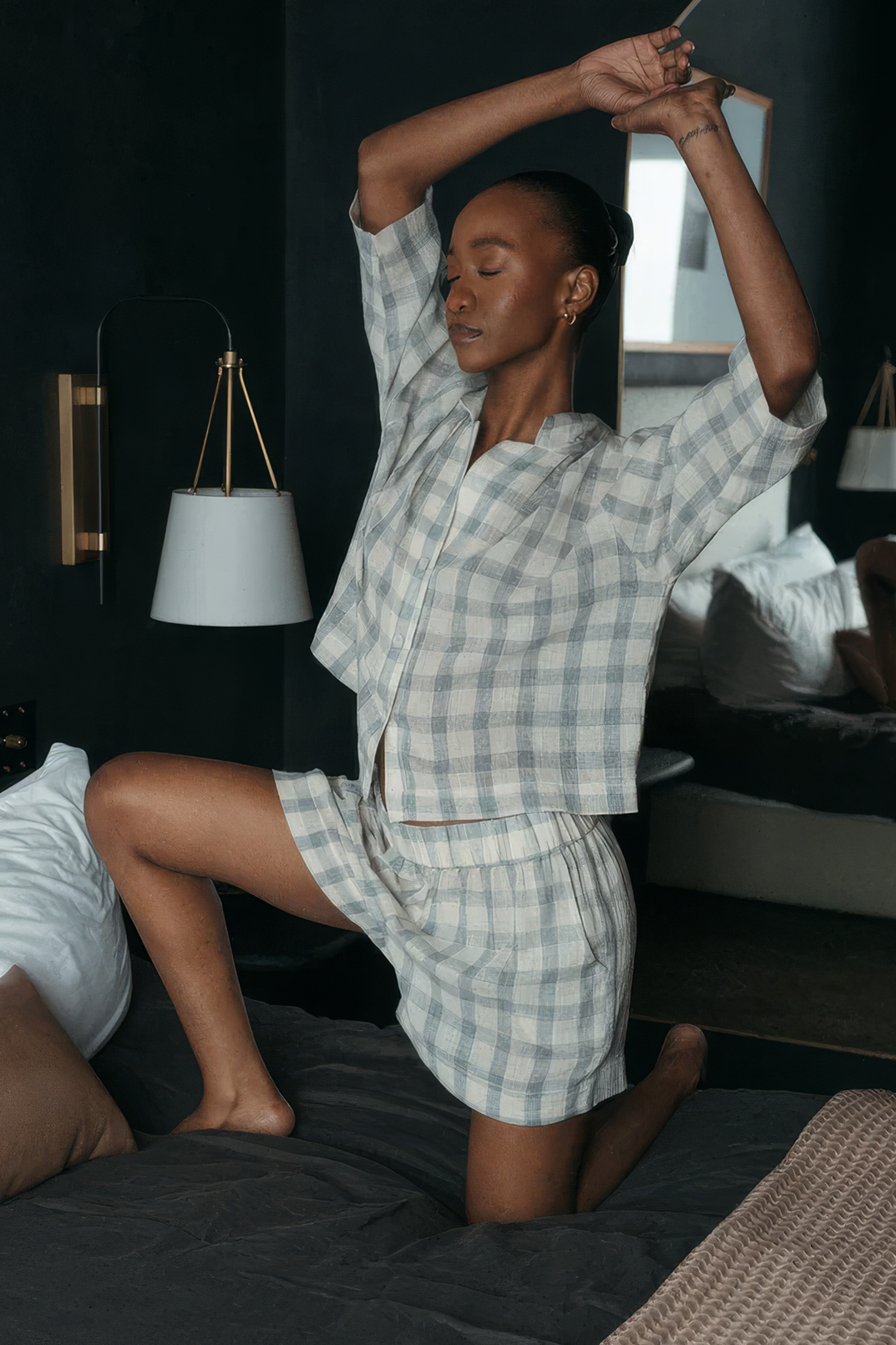 Grey Plaid Blouse with Buttons